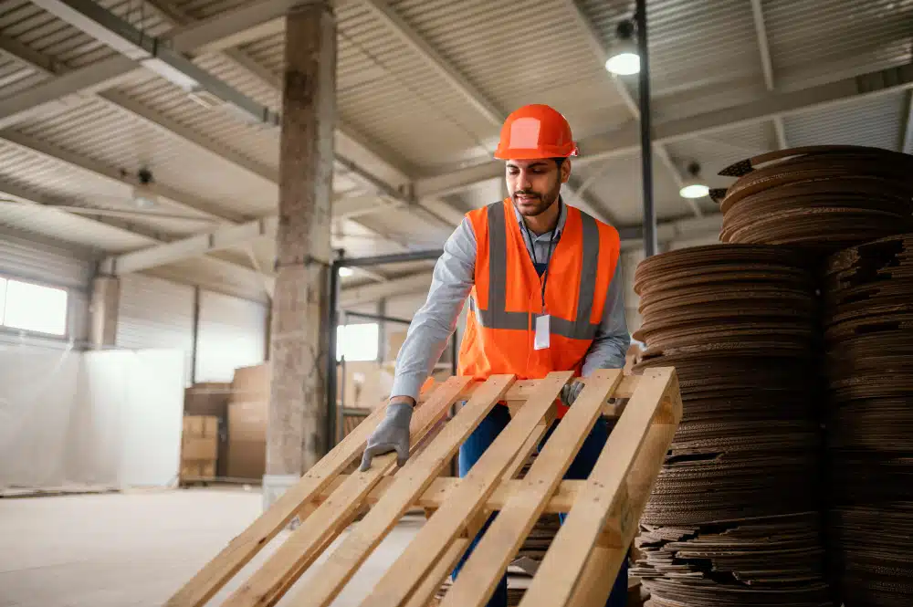 homem carregando pallets descartáveis por amplo depósito
